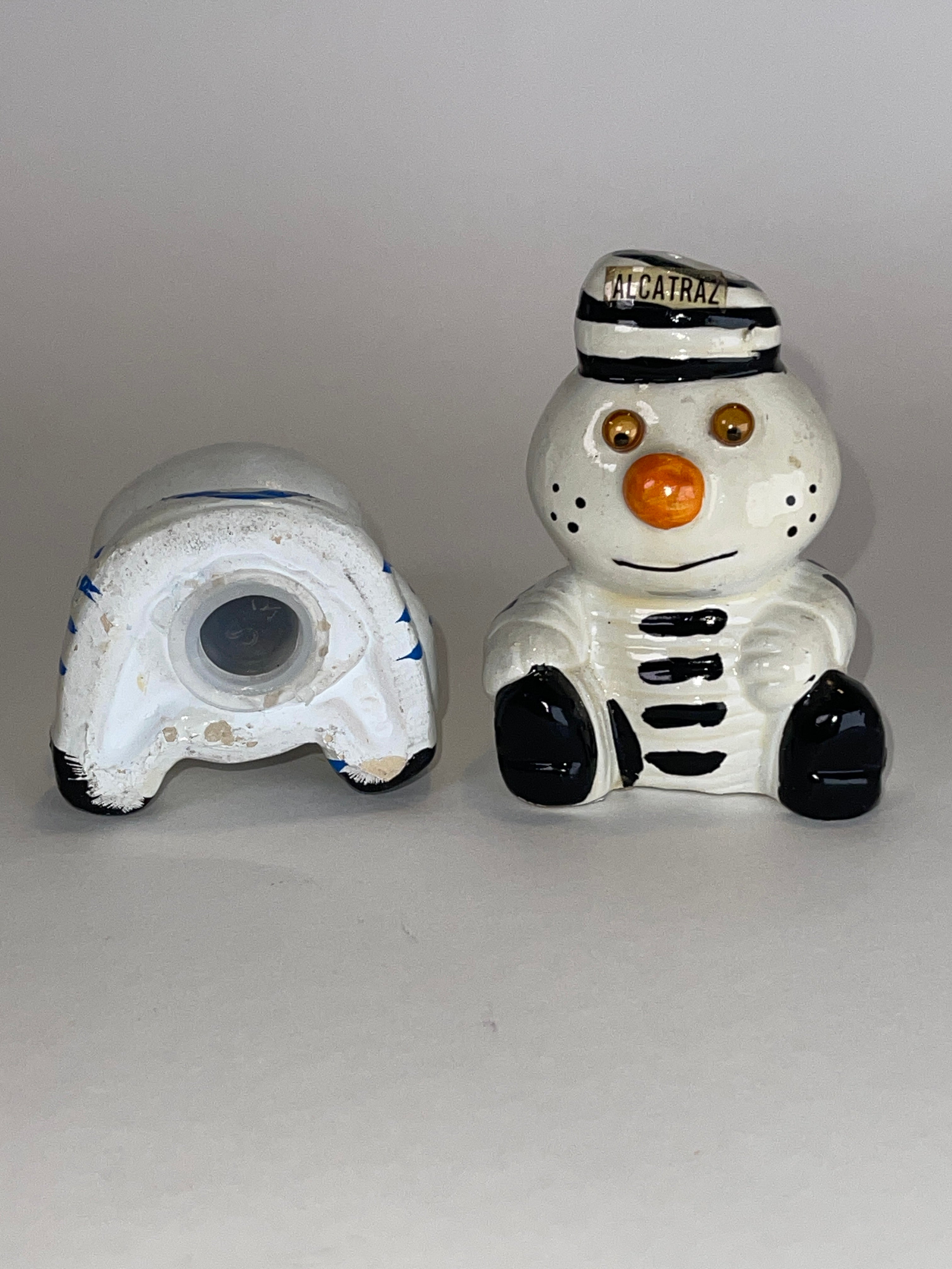 Alcatraz Prisoner Snowman Duo (with Table + Shelf‑Wear Swagger)